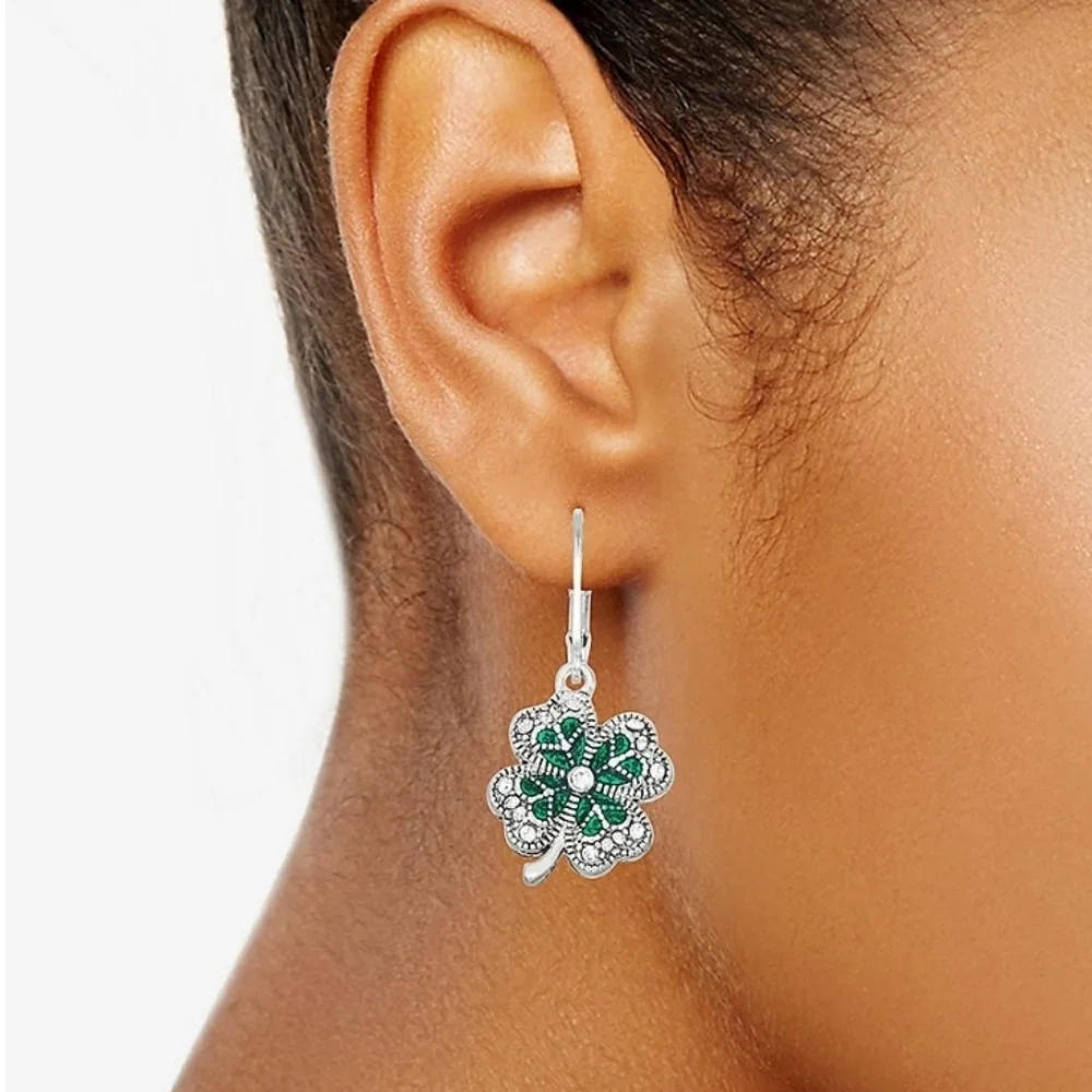 Napier Silver Tone Lucky Shamrock Drop Earrings Leverback NWT - Picture 2 of 3
